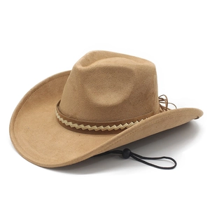 Western Cowboy Hat Vintage Suede Wide Brim With Woven Band And Adjustable Wind Rope For Outdoor Travel Retro Style Unisex