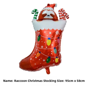 Detail view of large Christmas raccoon stocking foil balloon with festive light prints