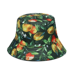 Detail of citrus fruit print on navy bucket hat with reinforced brim stitching