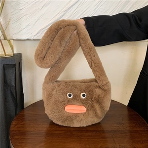 Funny brown faux fur crossbody bag with cute 3D eyes and orange lips design