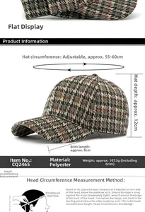 Detailed size specifications and measurements of the houndstooth pattern baseball cap