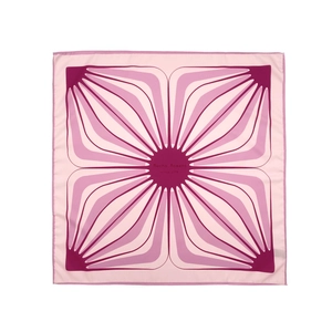 Square silk scarf with pink and purple geometric floral pattern by Mucho Moment