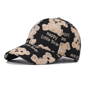 Happy Little Bear Pattern Baseball Cap Polyester Cotton Blend Full Print Curved Brim Adjustable Sunshade Hat Unisex