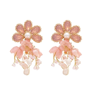 Pink petal tassel flower earrings with freshwater pearls and gold-plated details