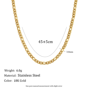 18K gold plated stainless steel Figaro chain necklace with 3.0mm width and 45+5cm length