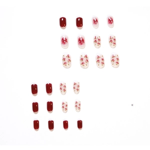 Short square press-on nails set with rose floral art and red white marble designs