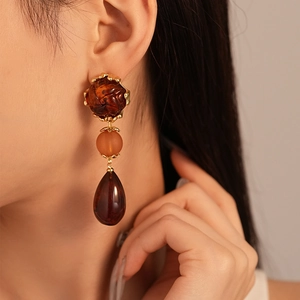 French vintage teardrop earrings with amber acrylic beads and gold metal accents