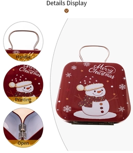Detail display of Christmas snowman tinplate gift box featuring sturdy metal handle