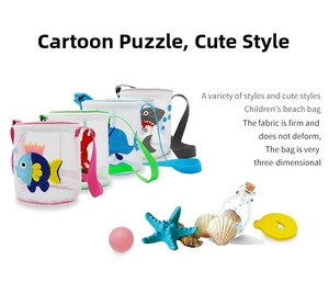 Detailed view of children's mesh beach bags with colorful marine animal cartoon patches