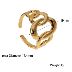 Detailed dimensions of gold chain ring showing 19mm width and 17.4mm inner diameter
