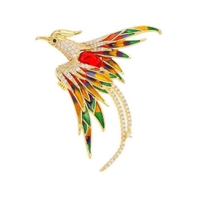 Exquisite phoenix brooch with multicolor enamel and sparkling crystals on golden metal
