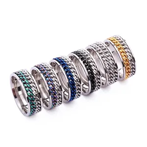 Rotatable Chain Spinner Ring Stainless Steel Stress Relief Anxiety Finger Jewelry Punk Industrial Style For Men Women