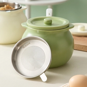 Green ceramic lard jar with lid, spoon, and fine SUS304 stainless steel oil filter mesh