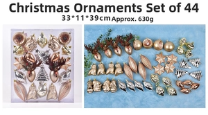 Detailed 44-piece set of champagne and silver Christmas ornaments with reindeer and stars
