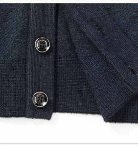Detailaufnahme der dunkelblauen Strickweste mit Wollstruktur und Harzknöpfen