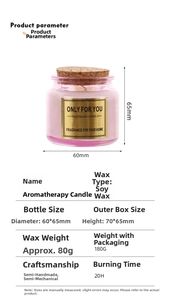 Pink glass scented candle with cork lid showing dimensions 60x65mm and 20h burn time