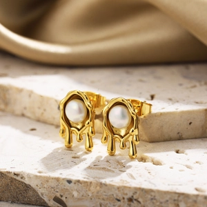 Artistic 18K gold molten lava drop earrings with elegant white pearls for women