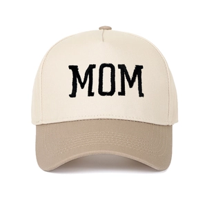 Retro MOM embroidery trucker hat with beige crown and khaki curved brim baseball cap