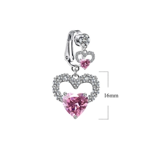 Detail of 16mm double pink heart navel ring with silver metal and pavé crystals