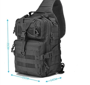 Detailed view of black tactical bag showing 35cm height and Molle webbing system