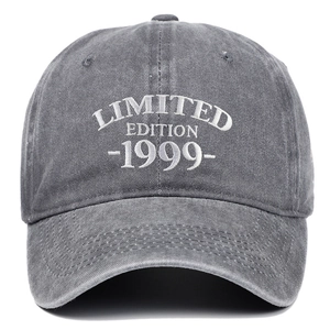 Close-up of washed cotton baseball cap with Limited Edition 1999 embroidery