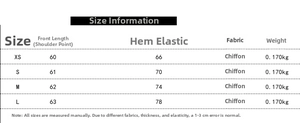 Detailed size chart for women's chiffon bow shirt showing XS to L measurements and fabrics