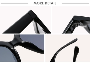 Macro view of square sunglasses showing metal hinges, nose pads, and frame details