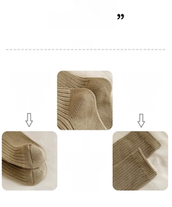 Dettaglio di calze kaki con punta senza cuciture, polsino elastico e tallone rinforzato