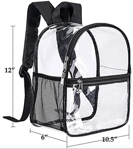 Detailed size chart for clear PVC backpack measuring 12 by 10.5 by 6 inches with black trim