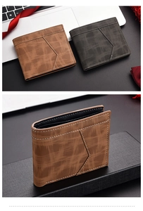 Detail of men's bifold wallet with cross-hatch texture and white contrast stitching
