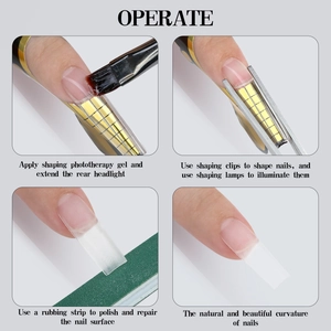 Nail extension kit showing gel application, shaping clip usage, and filing steps