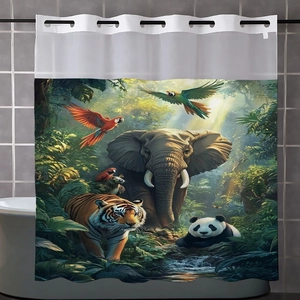 Detail of waterproof waffle shower curtain featuring vibrant jungle animals and metal grommets