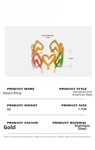 Detail view of colorful heart-shaped hollow stainless steel ring with dimensions
