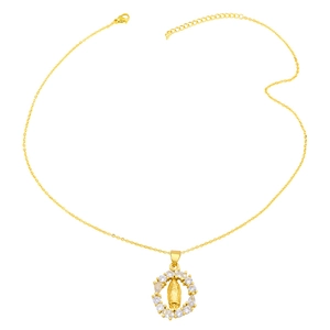 Gold Virgin Mary heart pendant necklace with cubic zirconia stones on thin O-chain