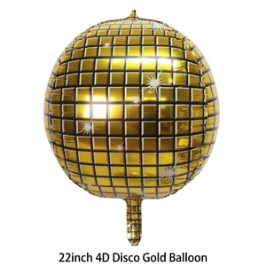 Detail of 22-inch gold 4D disco foil balloon with metallic checkered mirror texture