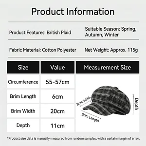 British style vintage plaid newsboy cap for women with size measurement details