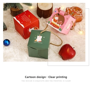 Festive Christmas gift boxes in red, green and pink with cute cartoon illustrations
