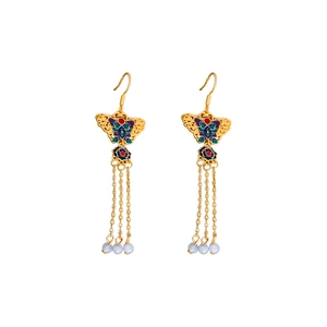 Elegant gold butterfly tassel earrings with colorful enamel lotus and beads