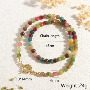 Detailed view of colorful tourmaline bead necklace with 45cm length and spring clasp