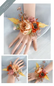 Detail of caramel orange wrist corsage with faux silk peonies and daisies for weddings