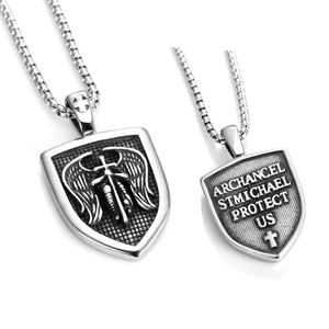 Erzengel Michael Schild Anhänger Halskette Edelstahl Vintage Religiös Flügel Kreuz Graviert Poliert Schmuck