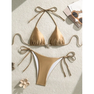 Bikini Traje De Baño Dorado Metálico Satén Estrella De Mar Encanto Metal Halter Lado Atado Triángulo Top Cintura Baja Sexy