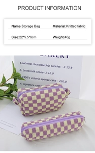 Detailed size and material guide for purple checkered knitted pencil case storage bag