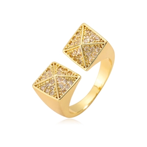 Modern geometric gold open ring with square pyramid ends and sparkling cubic zirconia