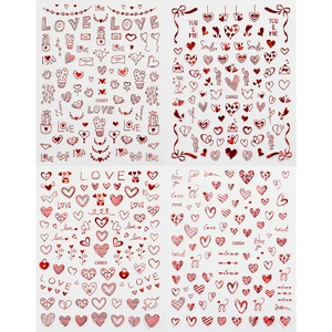 Detailed set of laser red heart nail stickers with LOVE and romantic patterns
