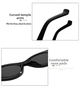 Detail of ergonomic curved temples and comfortable nose pads on black oval sunglasses