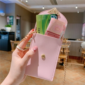 Pink litchi leather crossbody phone wallet with gold metal chain and card holder