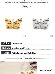 Macro detail of butterfly brooch showing PVD gold plating and zircon inlay craft