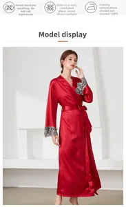 Detail of red satin robe with grey lace cuffs and adjustable waist tie belt
