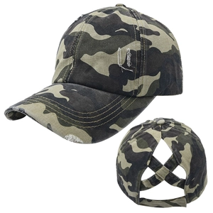 Distressed camouflage ponytail baseball cap with elastic criss-cross back design